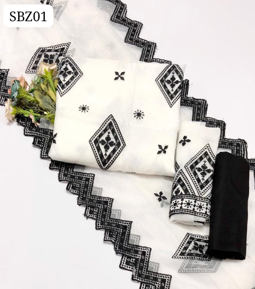 Khaadi Net Fabric Cross Stitch Embroidery Work shirt With Khaadi Net Embroidery Dupatta And Cotton Lawn Plain Trouser 3Pc Dress