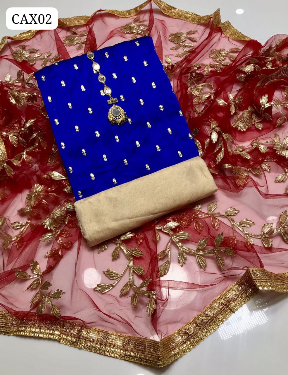 Shamoz Silk Fabric Embroidery Boti Work Shirt With Net Gota work Dupatta and Masori Trouser 3pc Dress