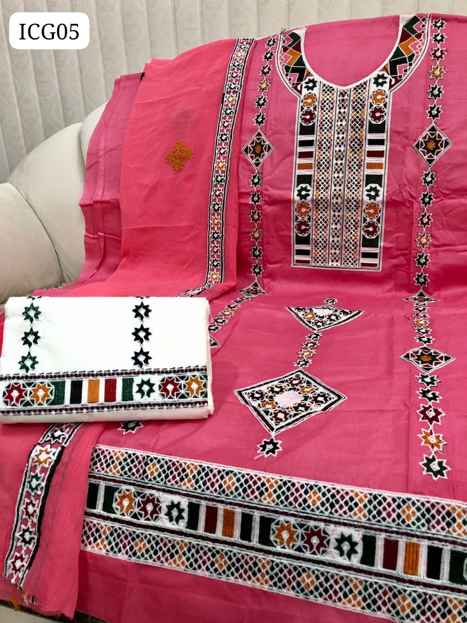 SOFT LAWN FABRIC AARI EMBROIDERY WORK SHIRT WITH EMBROIDERED CHIFFON DUPPATTA AND LAWN EMBROIDERED TROUSER 3PC DRESS