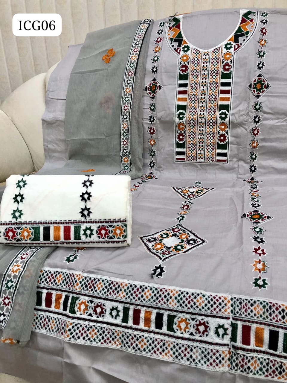 SOFT LAWN FABRIC AARI EMBROIDERY WORK SHIRT WITH EMBROIDERED CHIFFON DUPPATTA AND LAWN EMBROIDERED TROUSER 3PC DRESS