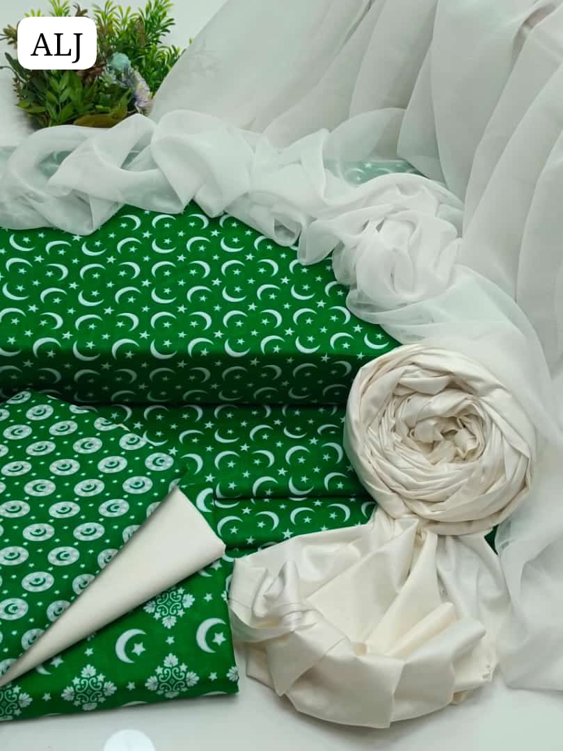 Lawn Fabric Chand Sitara Printed Shirt With Soft White Pure Chiffon Fabric Duppata And Lawn plain White Trouser 3pc Dress