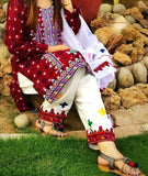 Lawn Fabric Ajrak Print Karhai Ari Balochi Style Work Shirt With Krincle Chiffon Dupatta And Lawn Karhai Ari Balochi Style Work Trouser 3Pc Dress