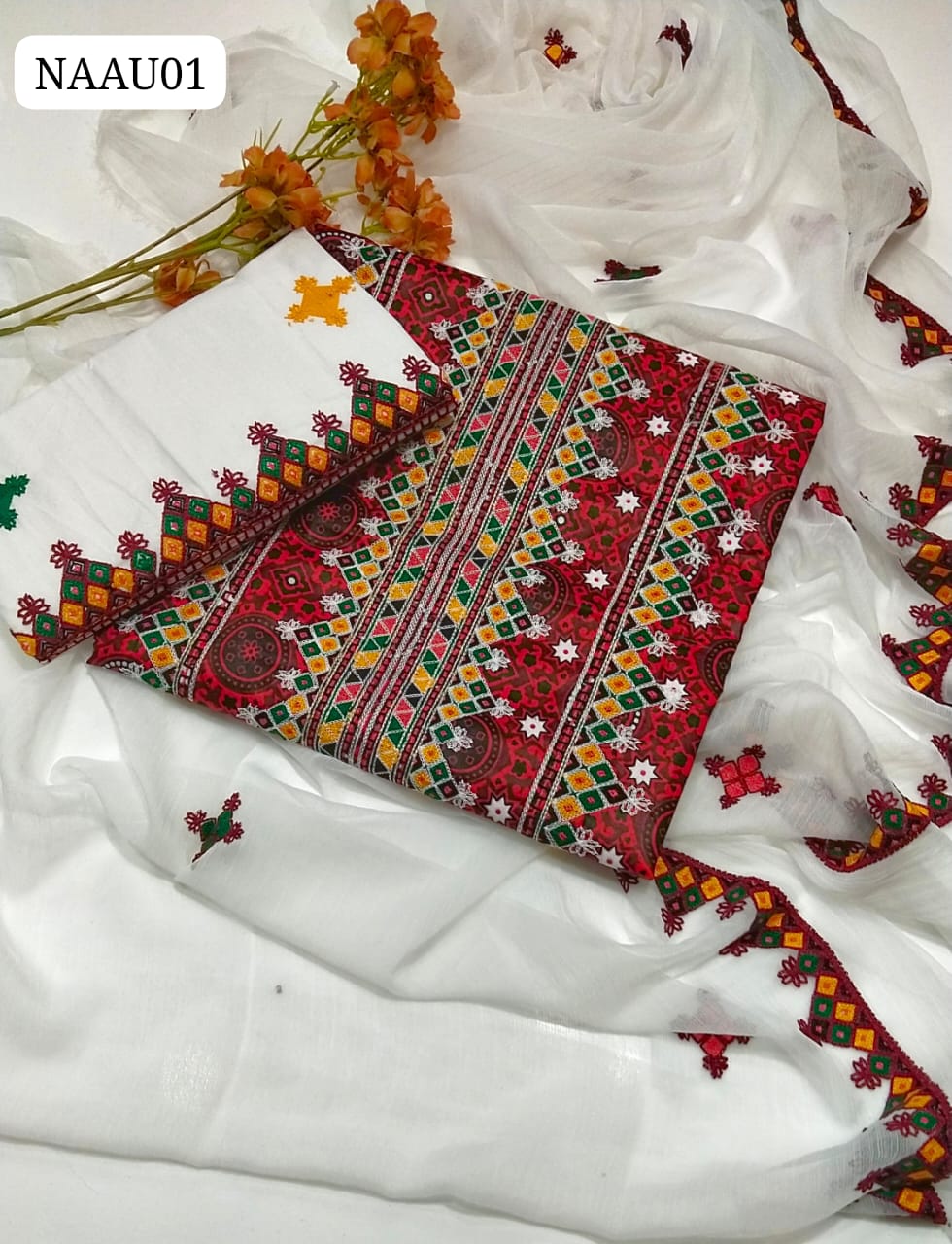 Lawn Fabric Ajrak Print Karhai Ari Balochi Style Work Shirt With Krincle Chiffon Dupatta And Lawn Karhai Ari Balochi Style Work Trouser 3Pc Dress