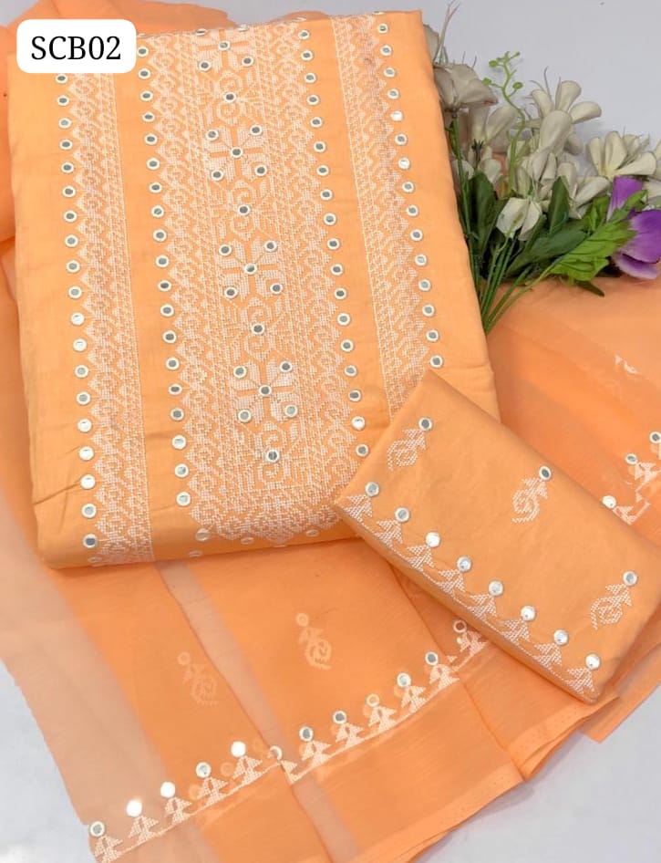 Lawn Fabric Computer Patang Buti Embroidery Work Shirt With Chiffon 2 Sides Dupatta And Embroidery Trouser 3Pc Dress