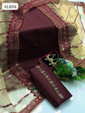 Kattan Silk Fabric Shirt With Organza 9Mm Foil Beautiful pattern + Border style Duppata And Kattan Silk Trouser 3Pc Dress With Neckline & Earrings Gift