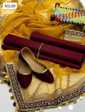 Kataan Silk Fabric Shirt With Organza Heavy Lase Embroidered Dupatta And Kataan Silk Trouser 3Pc Dress With Khussa As a Gift