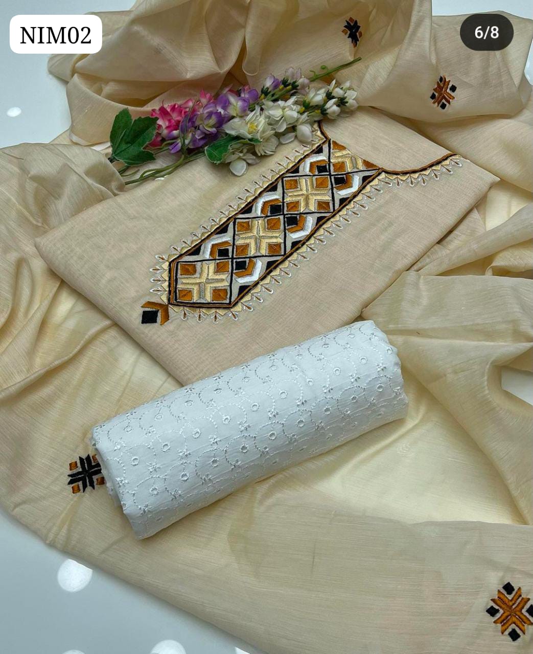 Paper Cotton Fabric Multi Embroidery Work Shirt With Paper Cotton Embroidery Dupatta And Lawn Chicken Trouser 3Pc Dress