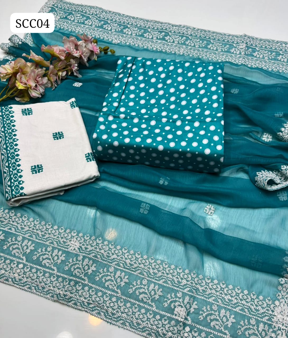 Lawn Fabric Polka Dot Print Shirt With Cut Work Embroidery Chiffion Duppata And Cut Work Flower Embroidery Lawn Trouser 3 Pc Dress