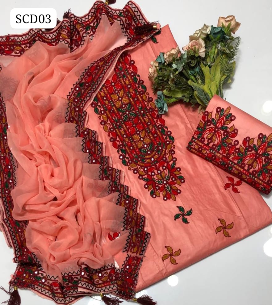 Lawn Fabric Aari Galla Daman 9 Mm Embroidery Work Shirt With Chiffon 4 Side Embroidery Dupatta And Lawn Embroidery Trouser 3Pc Dress