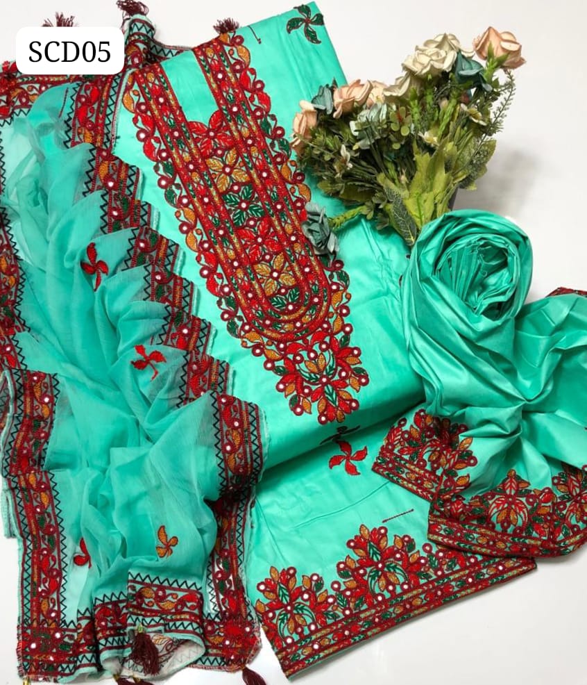 Lawn Fabric Aari Galla Daman 9 Mm Embroidery Work Shirt With Chiffon 4 Side Embroidery Dupatta And Lawn Embroidery Trouser 3Pc Dress