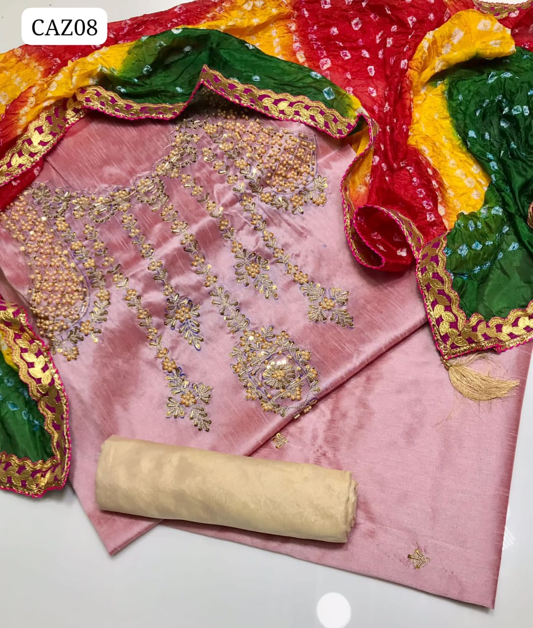 Pure Indian Raw Silk Fabric Handmade Fancy Work Shirt With Pure Indian Silk Chonri Dupatta and Masori Trouser 3pc Dress
