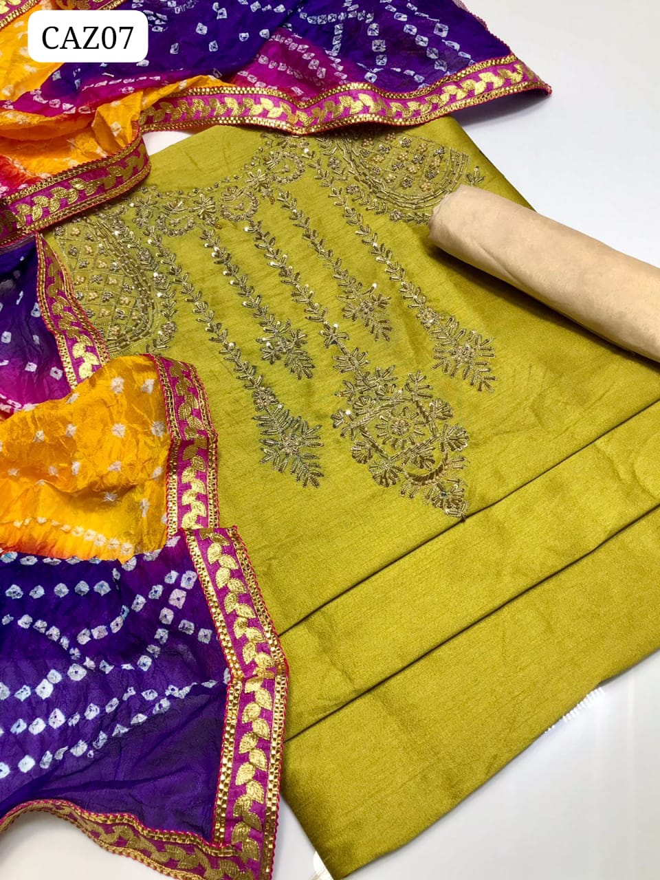 Pure Indian Raw Silk Fabric Handmade Fancy Work Shirt With Pure Indian Silk Chonri Dupatta and Masori Trouser 3pc Dress
