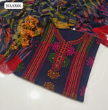 Pure Lawn Hande Made R kat Dana & Afgani Gala Net Work Shirt With Chiffon Embroidery Crush Tei & Dei Dupatta And Lawn Plain Trouser 3pc Dress