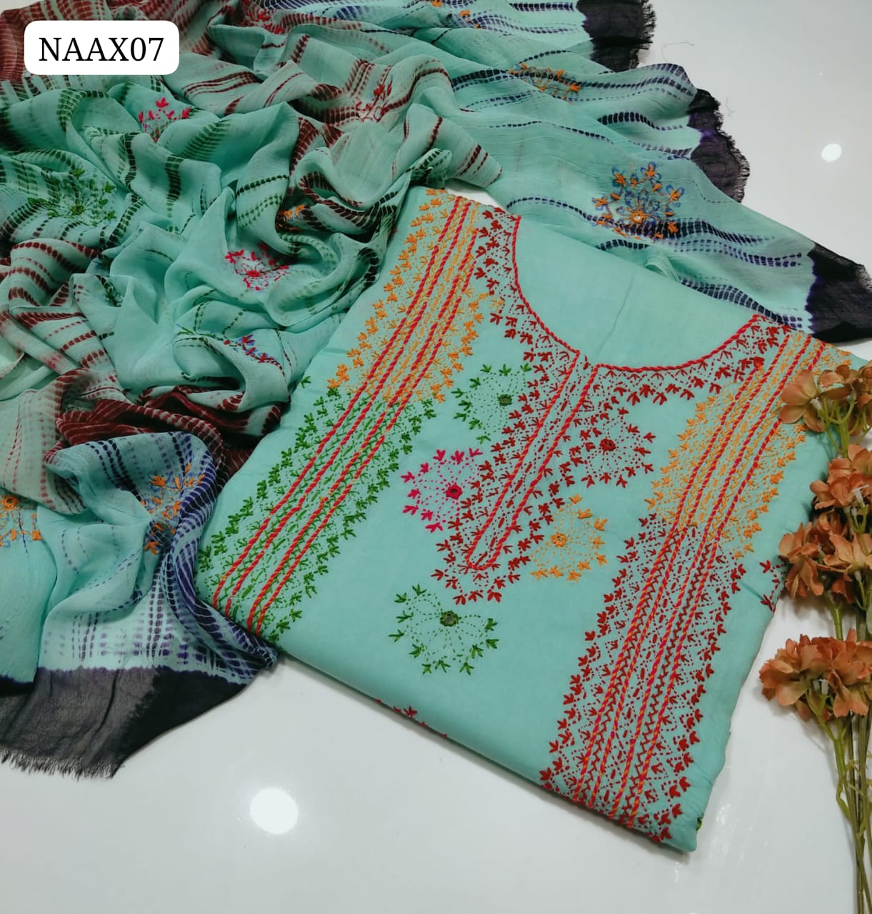 Pure Lawn Hande Made R kat Dana & Afgani Gala Net Work Shirt With Chiffon Embroidery Crush Tei & Dei Dupatta And Lawn Plain Trouser 3pc Dress