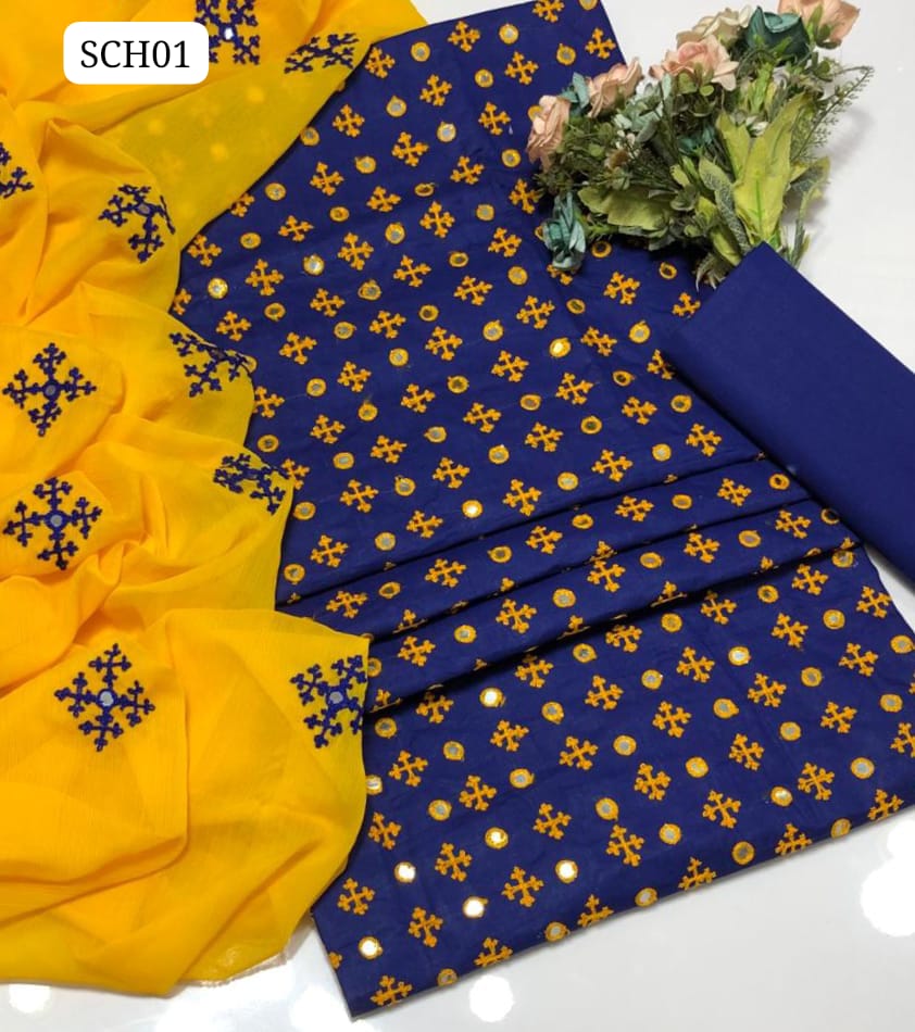 Soft Lawn Fabric Aari Sindhi Booti 9 Mm Jaal Work Shirt With Chiffon Embroidery Dupatta And Lawn plain Trouser 3Pc Dress