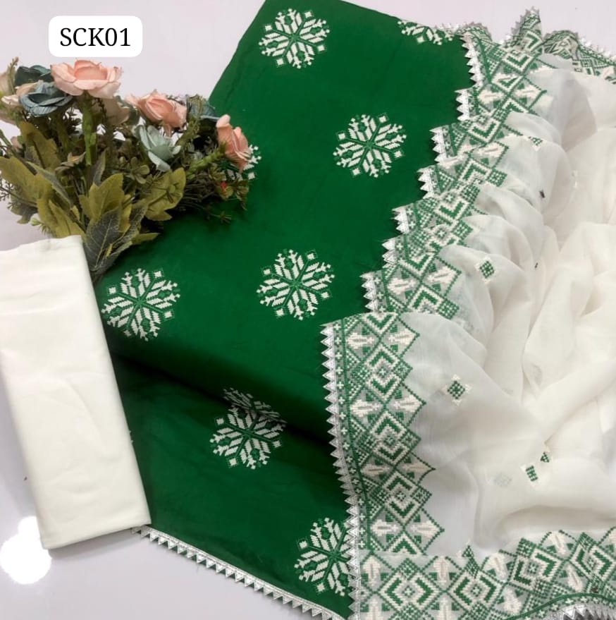 Soft Lawn Fabric Booti Embroidery Computer Work Shirt With Chiffon 4 Sides Embroidery Work Dupatta And Lawn White Plain Trouser 3 Pc Dress