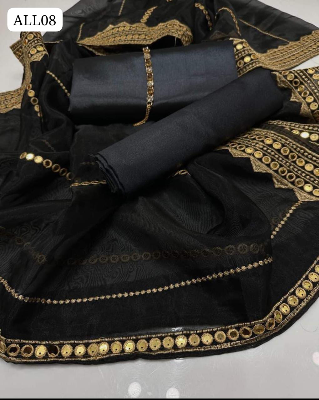 Kattan Silk Fabric Shirt With Organza 9Mm Sequence Foil Beautiful Pattern Border Style Duppata And Kattan Silk Trouser 3Pc Dress With Neckline