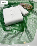 Kataan Silk Fabric Shirt With Soft White Pure Net with White Embroidery Multi Designing Duppata And Kataan Silk Trouser 3pc Dress With 3 Button Gift