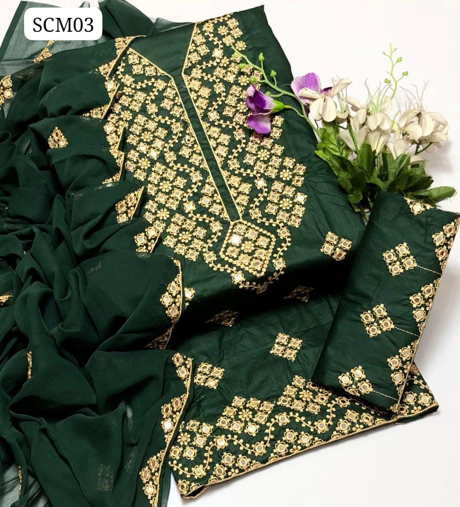 Soft Lawn Fabric Galla Daman 9Mm Embroidery Work Shirt With Chiffon 2 side Embroidery Work Dupatta And Lawn Embroidery Trouser 3Pc Dress