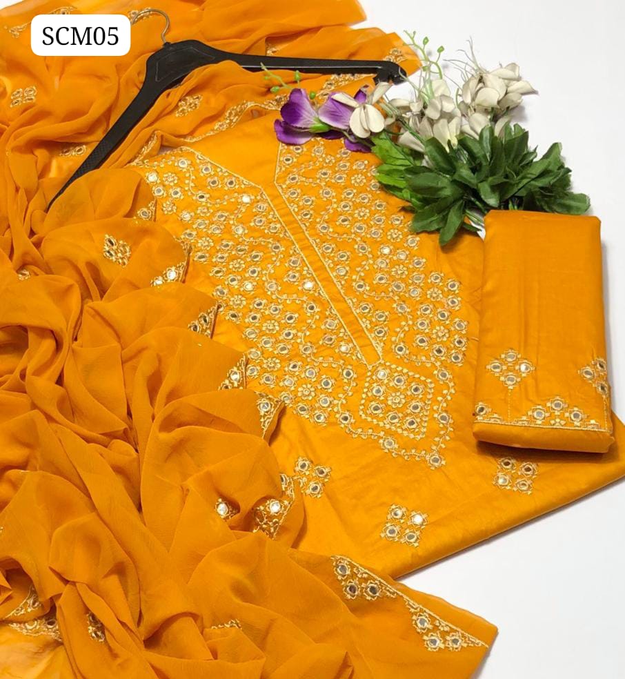 Soft Lawn Fabric Galla Daman 9Mm Embroidery Work Shirt With Chiffon 2 side Embroidery Work Dupatta And Lawn Embroidery Trouser 3Pc Dress