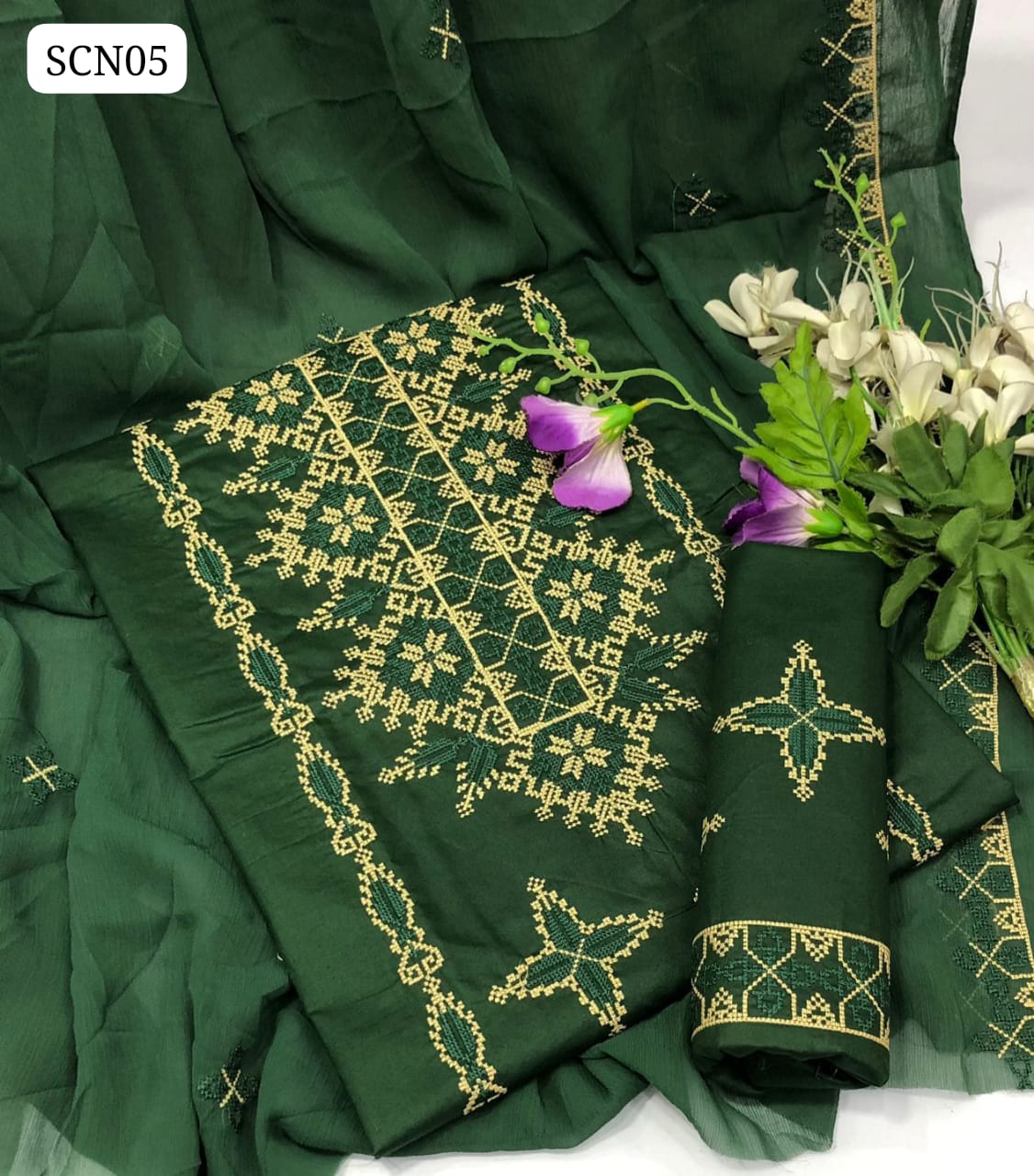 Lawn Fabric Cross Stich Galla Daman Embroidery Work Shirt With Chiffon embroidery Dupatta And Lawn Embroidery Trouser 3Pc Dress