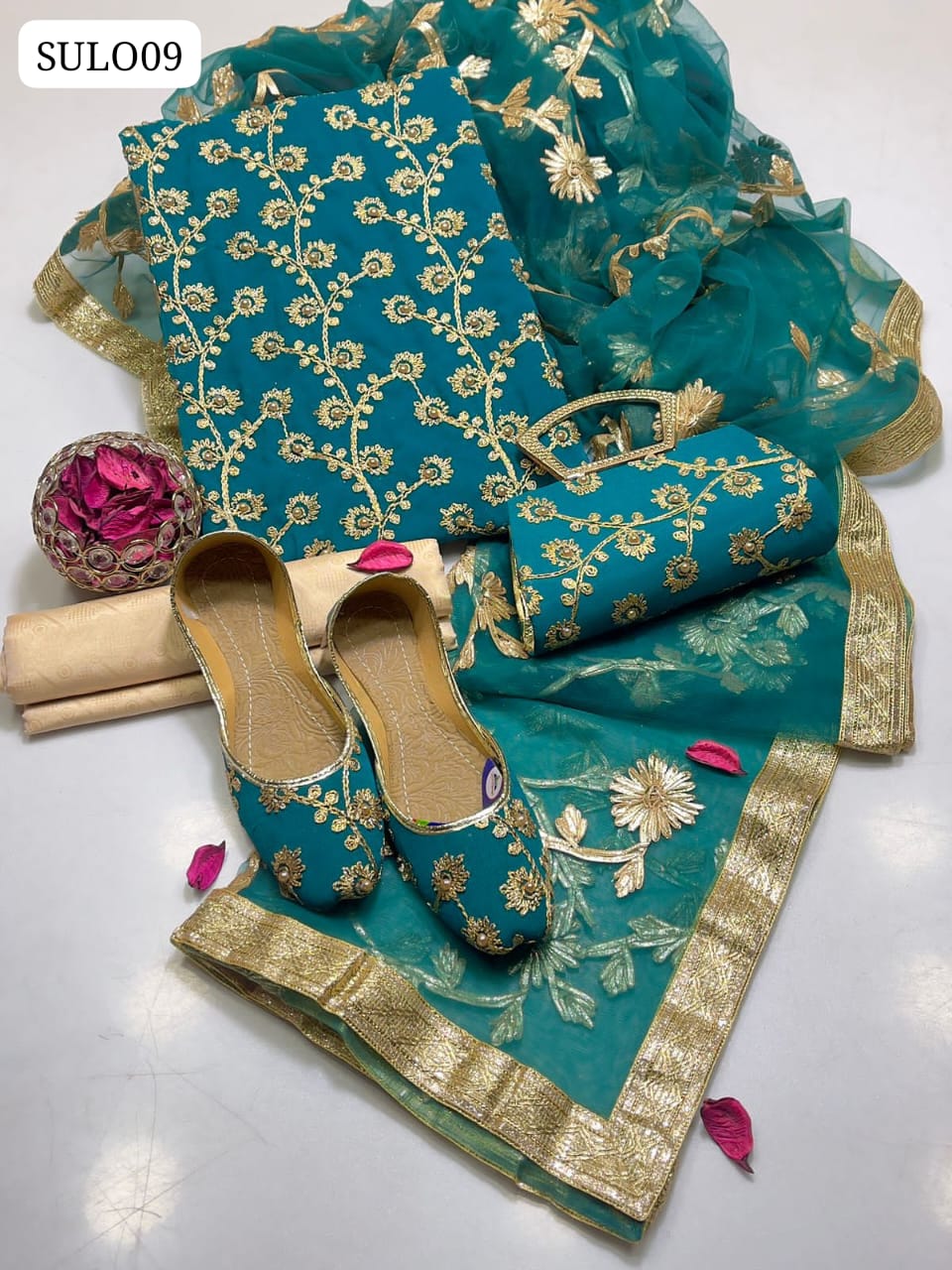 Crinkle Chiffon Fabric Marble And Gotta Embroidery Work Shirt With Indian Net Original Gotta Work Dupatta With 4 Side Indian Border Lass And Self Embossed Masuri Trouser 5Pc Dress With khussa & Matching Clutch