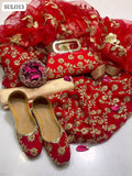Crinkle Chiffon Fabric Marble And Gotta Embroidery Work Shirt With Indian Net Original Gotta Work Dupatta With 4 Side Indian Border Lass And Self Embossed Masuri Trouser 5Pc Dress With khussa & Matching Clutch