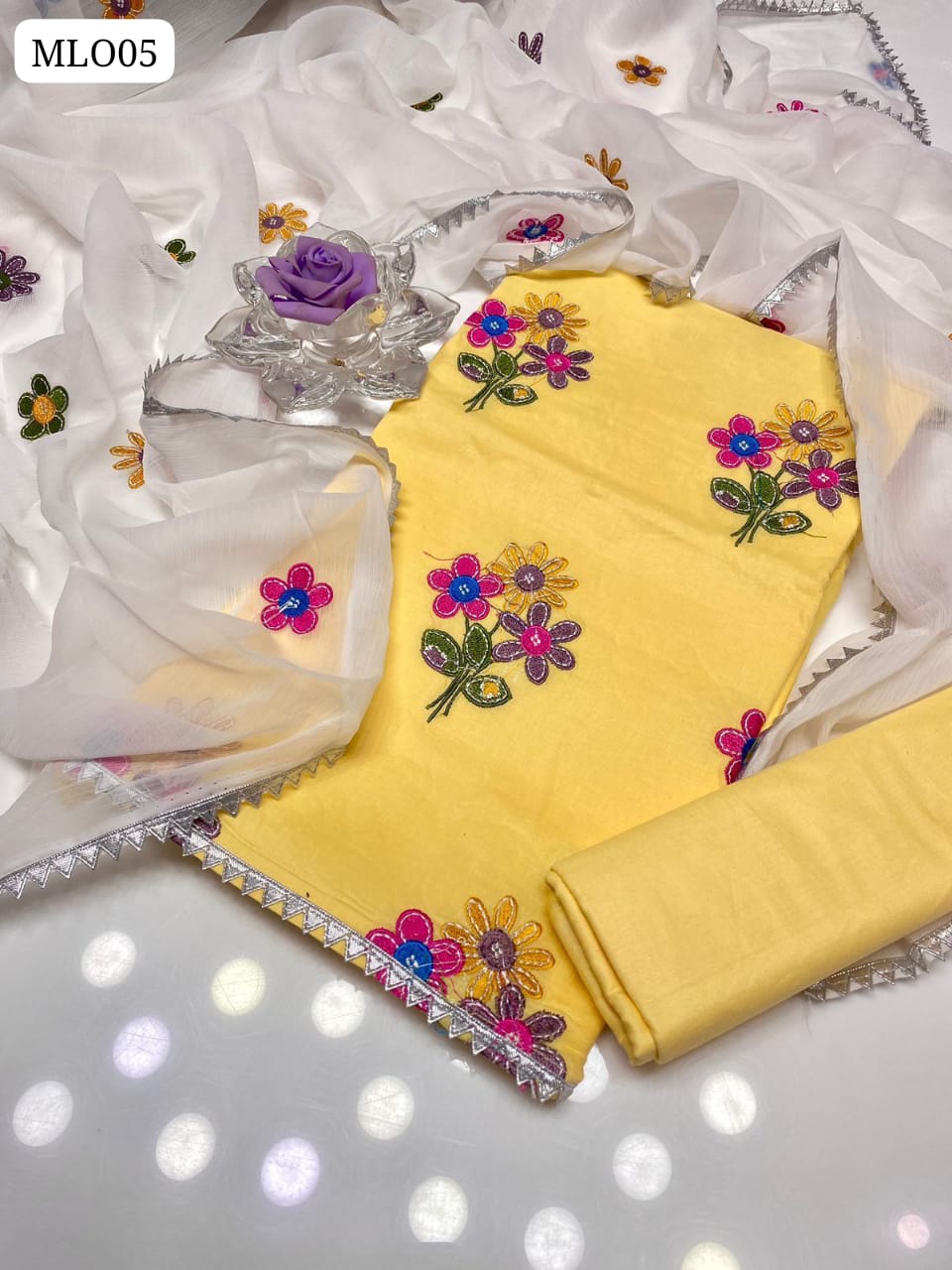 Lawn Cotton Fabric Computer Botti Style Embroidered Work Shirt With Chiffon Embroidered 4 Side Lace Dupatta And Lawn Cotton Plain Trouser 3Pc Dress