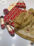 Chiffon Fabric Front Jaal Work Shirt With Net Mirror Work Dupatta And Plain Masoori Silk Trouser 3Pc Dress With Khussa & Clutch As a Gift