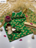 Chiffon Fabric Front Jaal Work Shirt With Net Mirror Work Dupatta And Plain Masoori Silk Trouser 3Pc Dress With Khussa & Clutch As a Gift