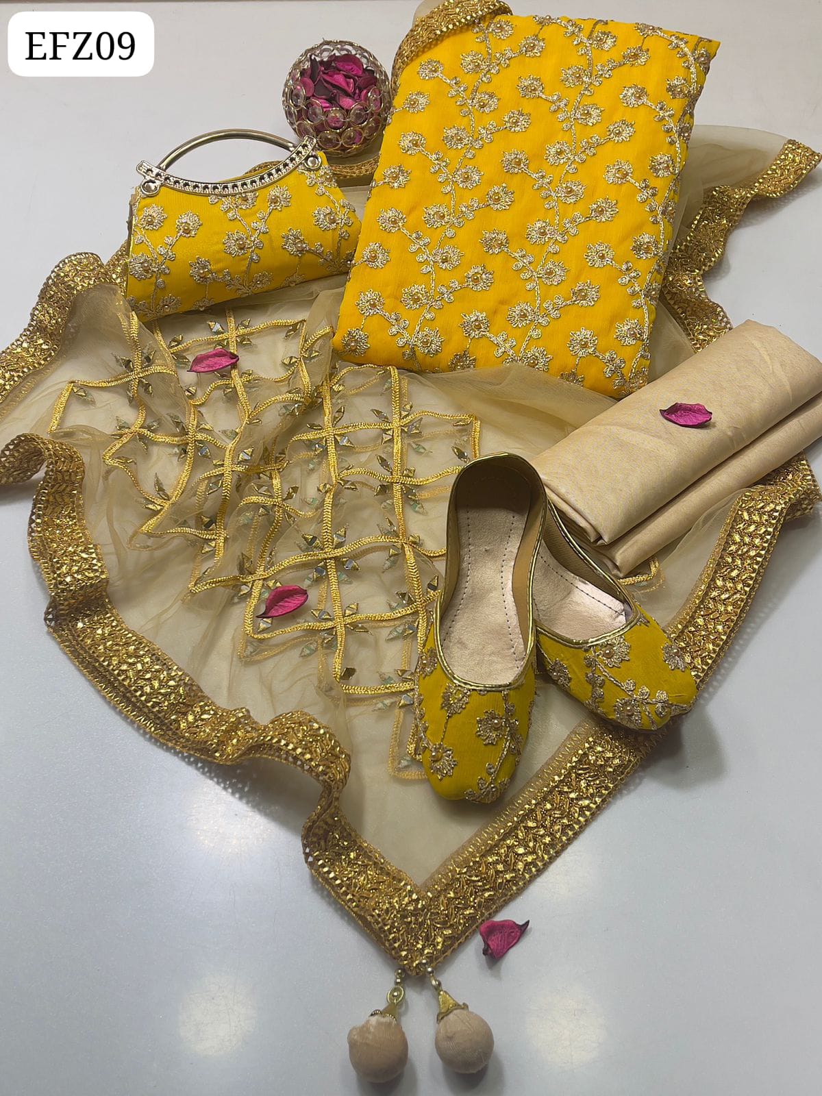 Chiffon Fabric Front Jaal Work Shirt With Net Mirror Work Dupatta And Plain Masoori Silk Trouser 3Pc Dress With Khussa & Clutch As a Gift