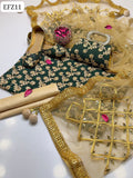 Chiffon Fabric Front Jaal Work Shirt With Net Mirror Work Dupatta And Plain Masoori Silk Trouser 3Pc Dress With Khussa & Clutch As a Gift