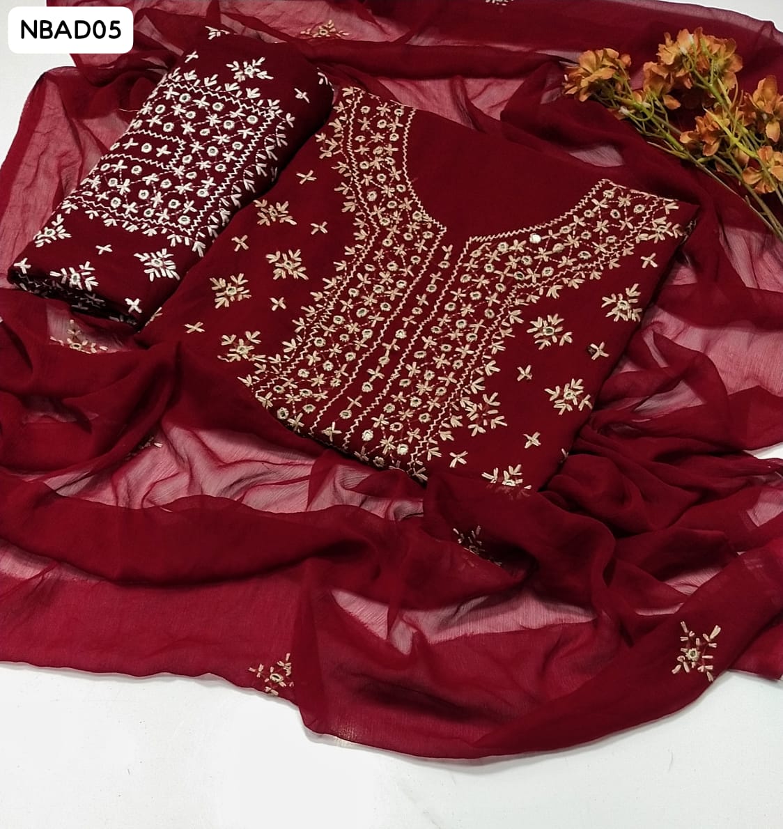 Original Pure Soft Bamber Chiffon Karinkal & Hande Made Sindhi Shesha Gala Neat work Shirt And Chiffon Embroidery Dupatta 2Pc Dress