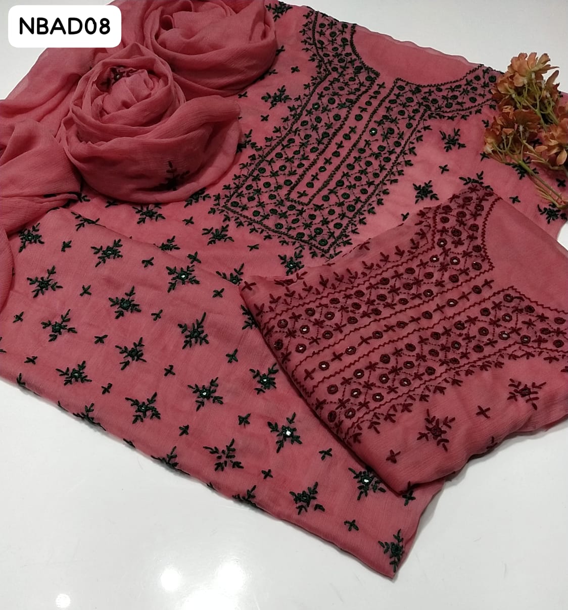Original Pure Soft Bamber Chiffon Karinkal & Hande Made Sindhi Shesha Gala Neat work Shirt And Chiffon Embroidery Dupatta 2Pc Dress