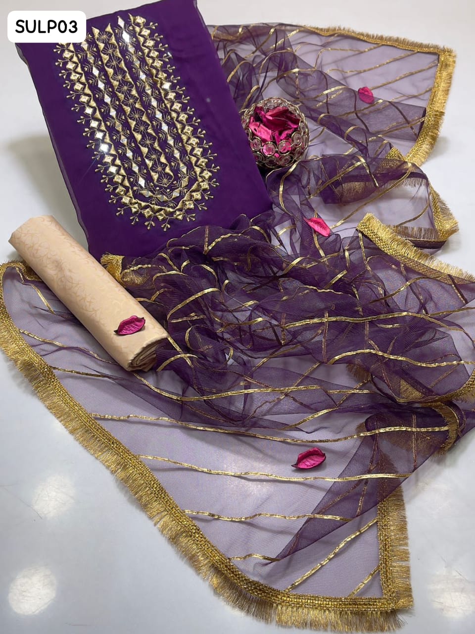Crinkle Chiffon Fabric Handmade Mirror Gala Work Shirt And Sleeves With Indian Net Handmade Kinari Lining Dupatta With 4 Side Border Kiran Lass And Self Embossed Masuri Trouser 3Pc Dress