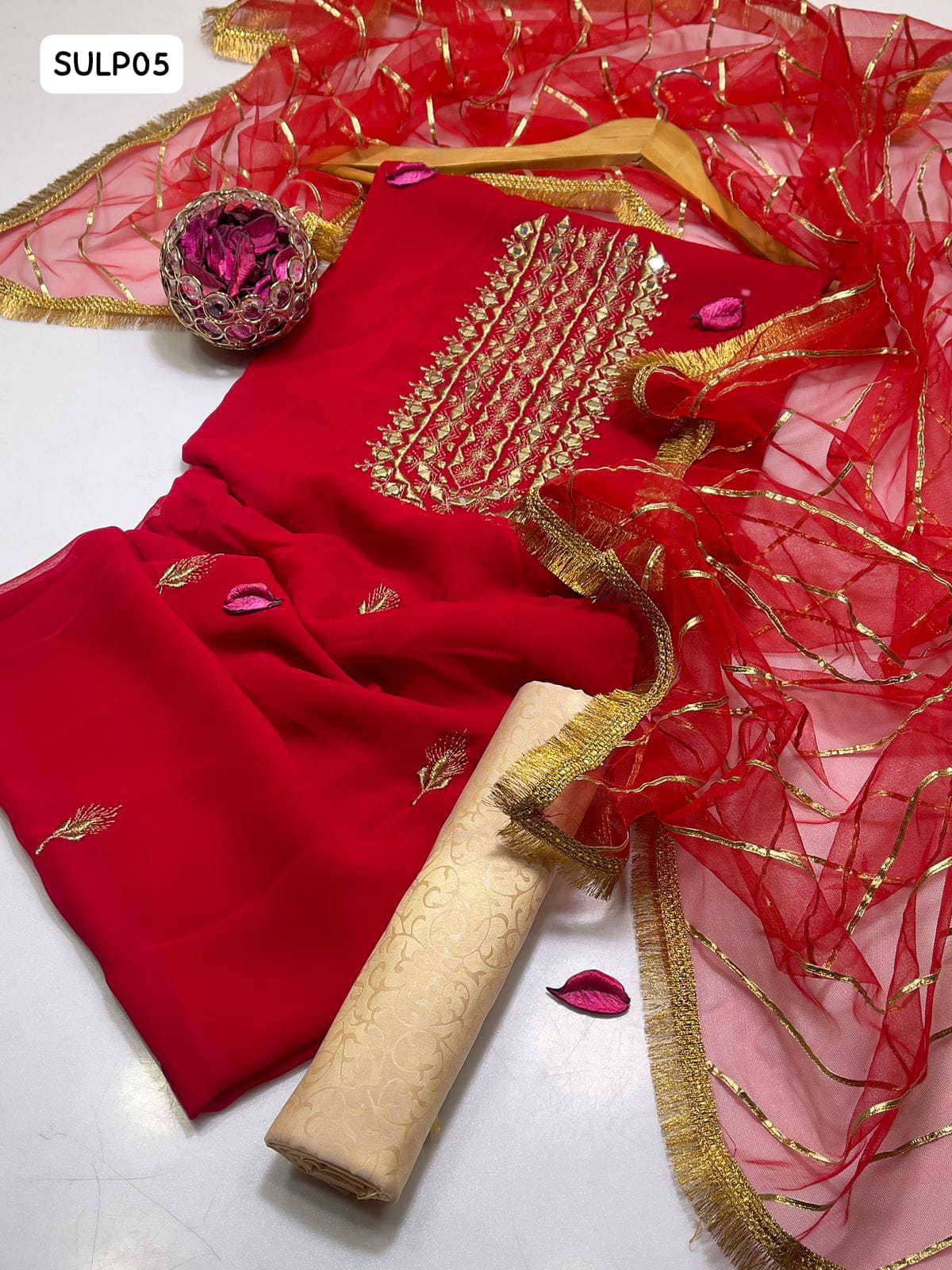 Crinkle Chiffon Fabric Handmade Mirror Gala Work Shirt And Sleeves With Indian Net Handmade Kinari Lining Dupatta With 4 Side Border Kiran Lass And Self Embossed Masuri Trouser 3Pc Dress