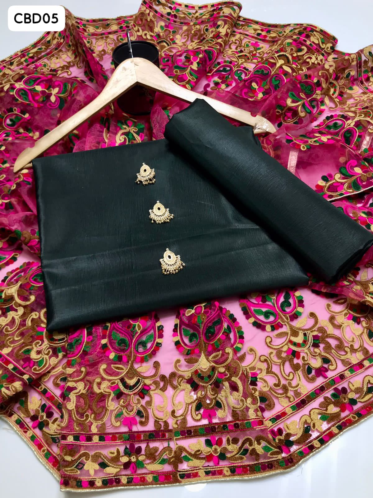 Kataan Silk Fabric Shirt With Organza Ari work Dupatta And Kataan Silk Trouser 3pc Dress