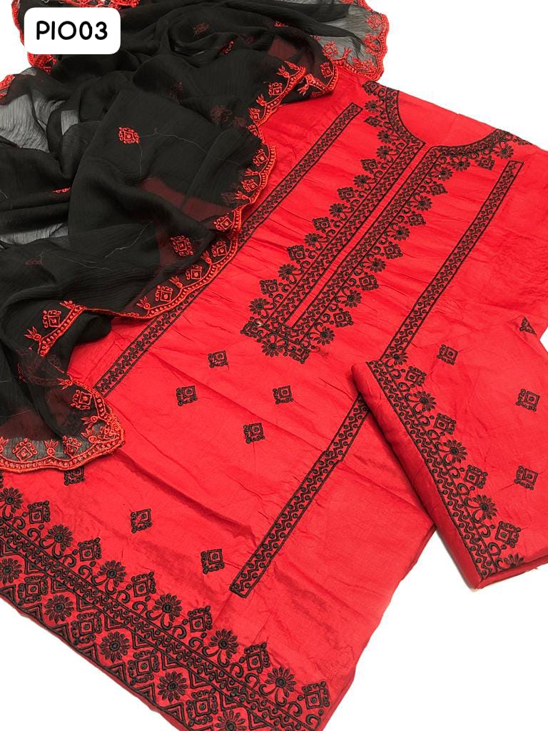 Lawn Fabric Computer Embroidery Gala Daman Work Shirt With Chiffon Embroidery Four Badder Dupatta And Lawn Embroidery Trouser 3Pc Dress