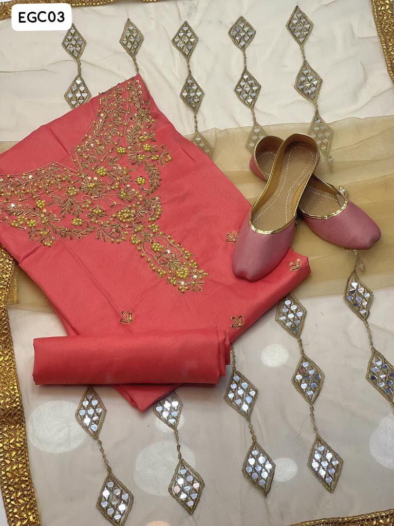 Kataan Silk Fabric Handmade Embroidered Work With Organza Boti Molty Less Duppata And Plain Kataan Silk Trouser 3Pc Dress With Khussa