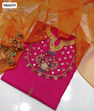 Lawn Fabric Beautiful Combination of Raisham & Beits Work Embroidery Shirt And Sleeves Embroidery with Organza Contras Dupatta And Plain Lawn Trouser 3Pc Dress