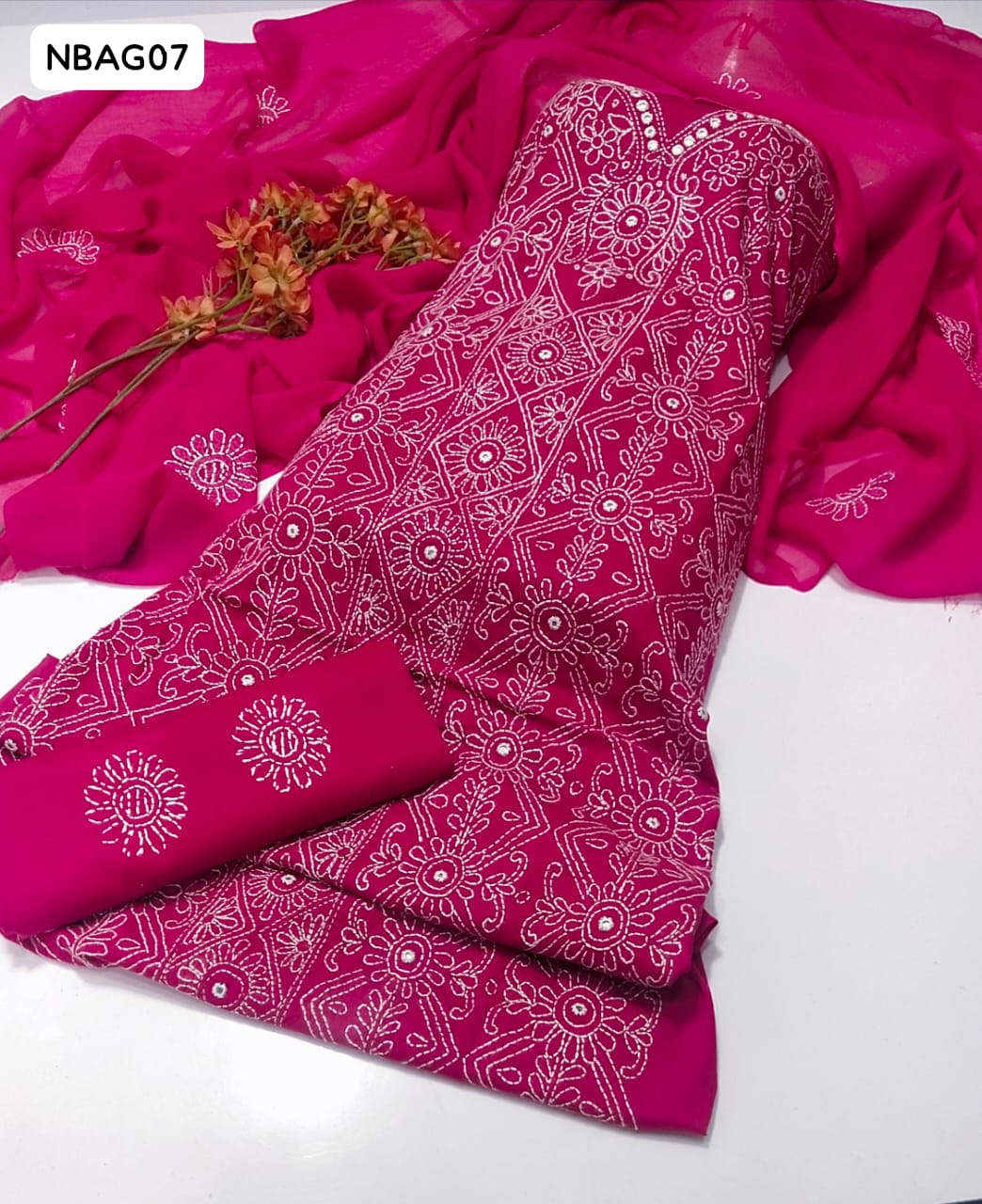 Soft Lawn Fabric Hande made Shiddu ChikenKari Jall Work Shirt With Chiffon Embroidery Dupatta And Lawn Embroidery Trouser 3Pc Dress