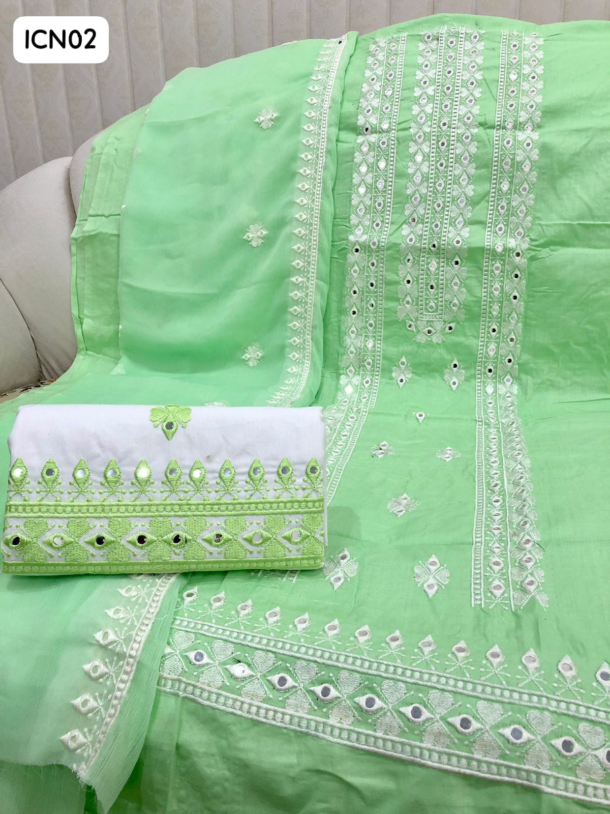 LAWN FABRIC COMPUTER CROSS STITCH EMBROIDERY WITH 9MM CHINA SHEESHA WORK SHIRT WITH EMBROIDERED CHIFFON DUPPATT AND LAWN CROSS STITCH EMBROIDERY TROUSER 3PC DRESS