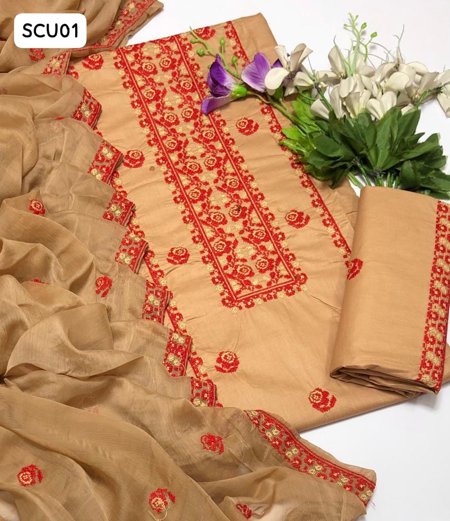 Lawn Cotton Fabric Computer Cross Stich Embroidery Work Shirt With Chiffon Embroidery Dupatta And Lawn Embroidery Trouser 3Pc Dress