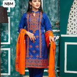 Cotton Lawn Fabric Model Style Computer Cross Stitch Gala Kaliyan & Daman Embroided Work Shirt With Chiffon Contras Orange Embroided Work Dupatta And Cotton Lawn Same Colour Embroided Trouser 3Pc Dress