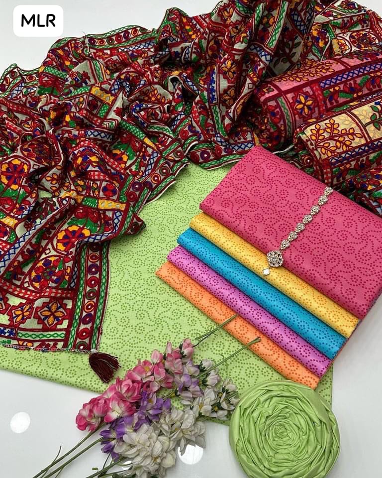 Lawn Cotton Fabric Block Print Shirt With Chiffon Full Embroidered Dupatta And Lawn Cotton Plain Trouser 3Pc Dress
