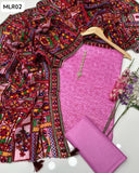Lawn Cotton Fabric Block Print Shirt With Chiffon Full Embroidered Dupatta And Lawn Cotton Plain Trouser 3Pc Dress