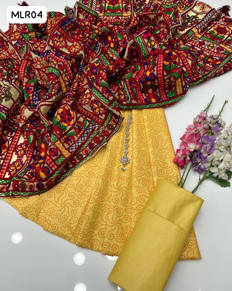 Lawn Cotton Fabric Block Print Shirt With Chiffon Full Embroidered Dupatta And Lawn Cotton Plain Trouser 3Pc Dress