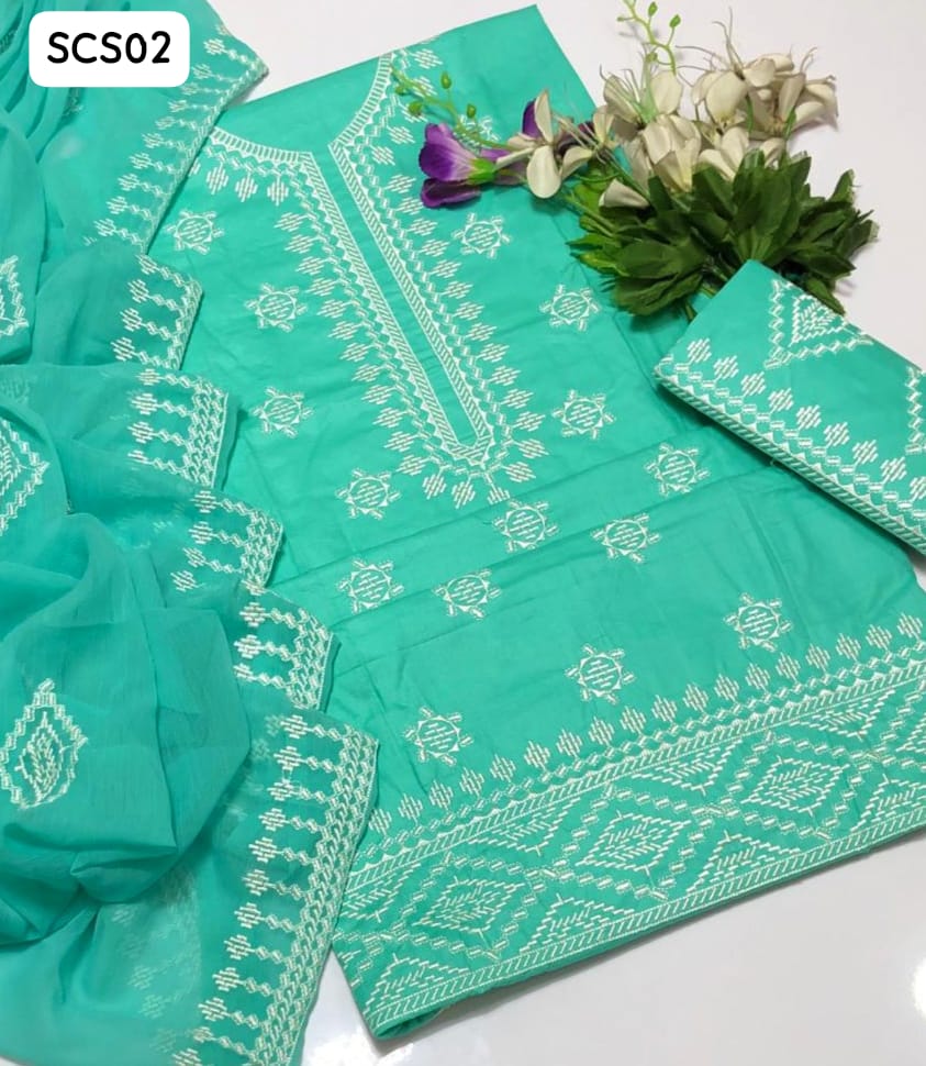 Lawn Cotton Computer Embroidery Galla damn Work Shirt With Chiffon Jaal Embroidery Work Dupatta And Lawn Cotton Embroidery Trouser 3Pc Dress