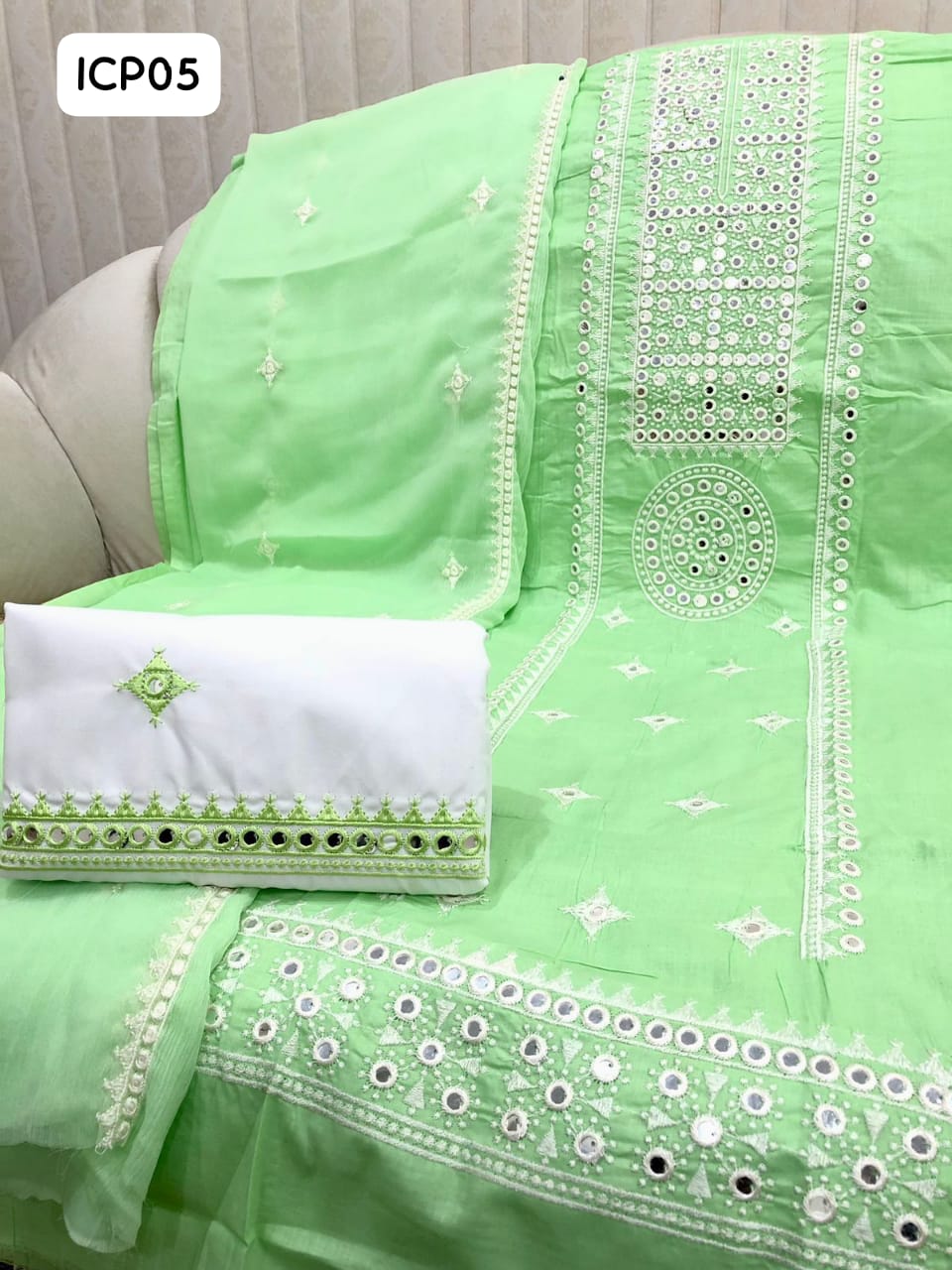 LAWN FABRIC COMPUTER CROSS STITCH EMBROIDERY WITH 9MM CHINA SHEESHA WORK SHIRT WITH EMBROIDERED CHIFFON DUPPATTA AND LAWN EMBROIDERY TROUSER 3PC DRESS