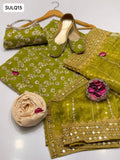 Crinkle Chiffon Fabric Marble And Gotta Embroidery Work Shirt With Tissue Organza Fabric 9Mm Panni Sheesha Embroidery With Heavy Pallu Embroidery Work Dupatta And Self Embossed Masuri Trouser 3Pc Dress With Matching Khussa & Matching Clutch As A Gift